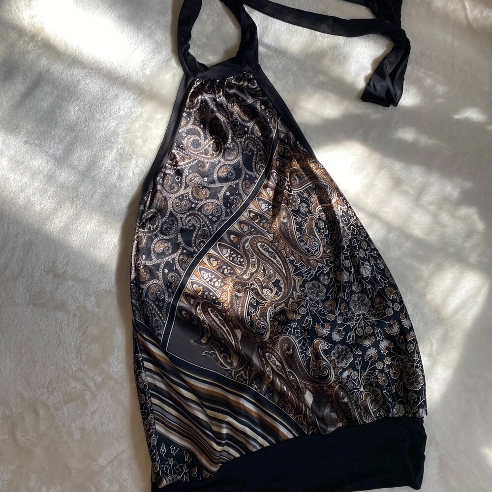 Papaya Black & Tan Silky Paisley Halter Top